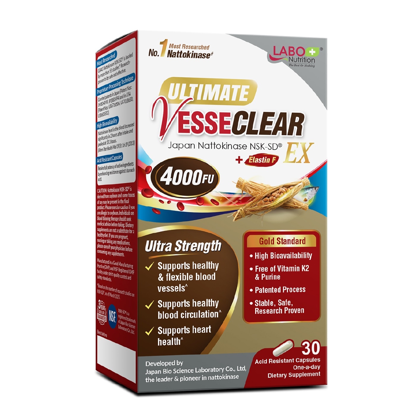 VesseClear EX Dietary Supplement Veggie Capsule (Nattokinase 4000FU + Elastin F for Clean & Flexible Blood Vessel, Healthy Circulation, Heart, Brain & Immune Health) 30s