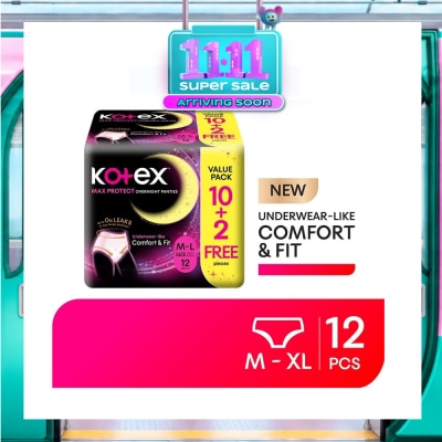 KOTEX Max Protect Overnight Panties Size M L 12s (10s + Free 2s) image