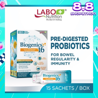 LABO NUTRITION Biogenics 16 Dietary Supplement Sachet (Predigested Probiotics For Digestive Balance, Immunity, Eczema, Ibs, Diarrhoea, Constipation, Improve Immune Health) 15s