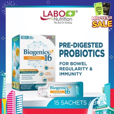 LABO NUTRITION Biogenics 16 Dietary Supplement Sachet (Predigested Probiotics For Digestive Balance, Immunity, Eczema, Ibs, Diarrhoea, Constipation, Improve Immune Health) 15s