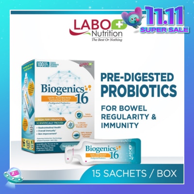 LABO NUTRITION Biogenics 16 Dietary Supplement Sachet (Predigested Probiotics For Digestive Balance, Immunity, Eczema, Ibs, Diarrhoea, Constipation, Improve Immune Health) 15s