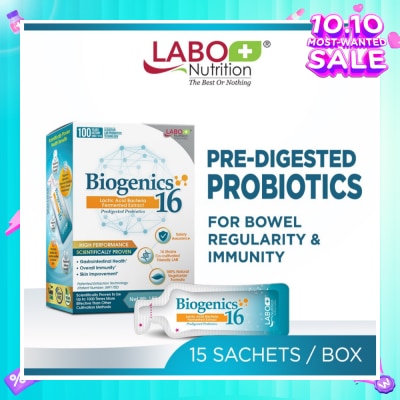 LABO NUTRITION Biogenics 16 Dietary Supplement Sachet (Predigested Probiotics For Digestive Balance, Immunity, Eczema, Ibs, Diarrhoea, Constipation, Improve Immune Health) 15s