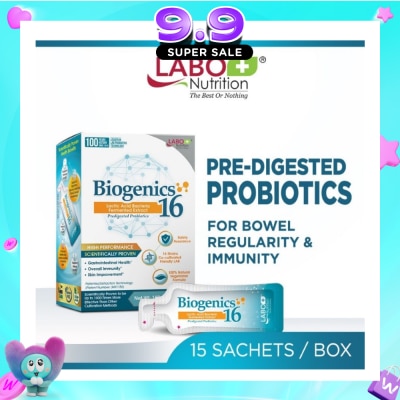 LABO NUTRITION - Biogenics 16 Predigested Probiotics Dietary Supplement Sachet (Digestive Balance, Immunity, Eczema, IBS, Diarrhoea, Constipation, Improve Immune Health) 15s image