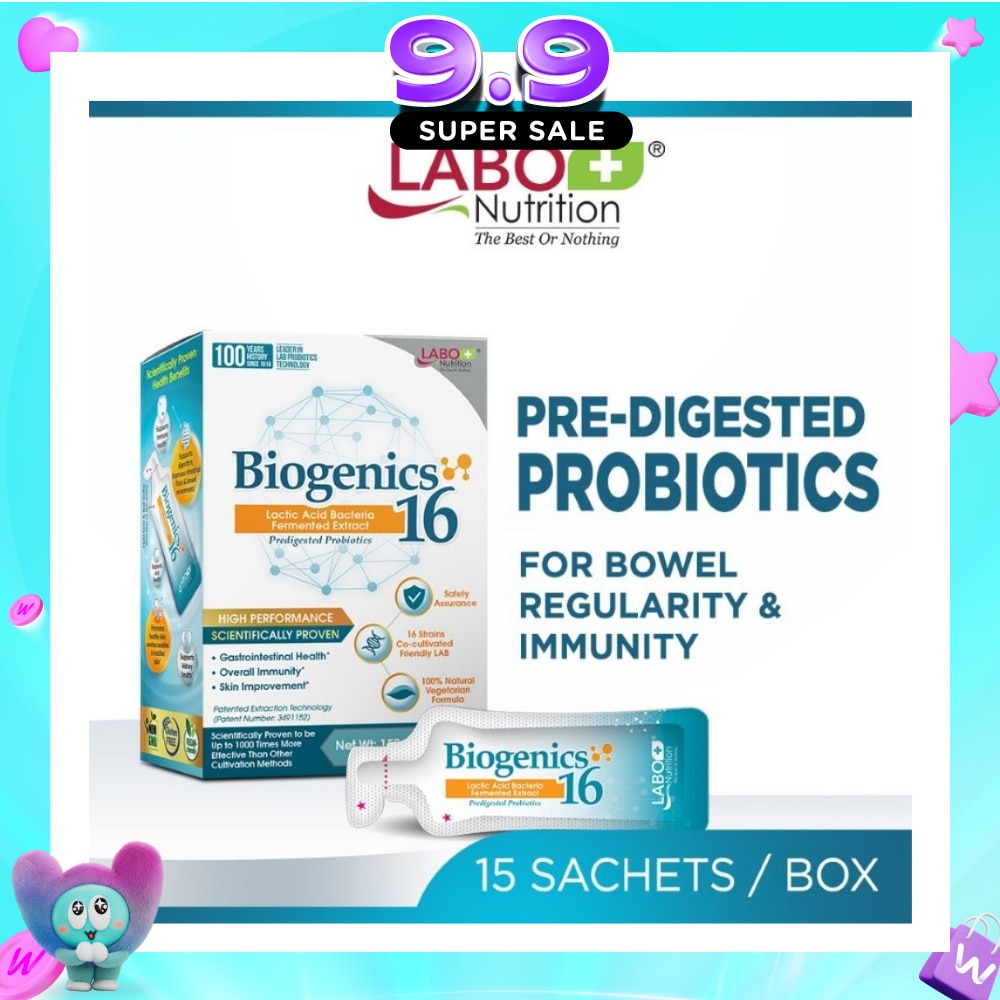 Biogenics 16 Predigested Probiotics Dietary Supplement Sachet (Digestive Balance, Immunity, Eczema, IBS, Diarrhoea, Constipation, Improve Immune Health) 15s image