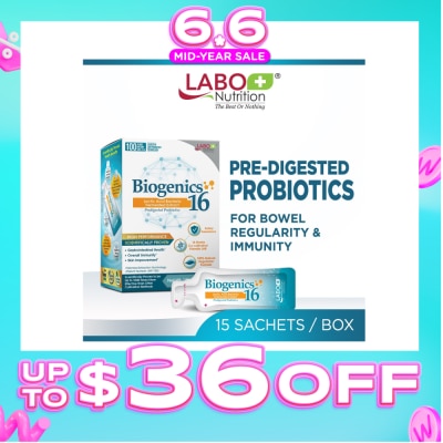LABO NUTRITION - Biogenics 16 Dietary Supplement Sachet (Predigested Probiotics For Digestive Balance, Immunity, Eczema, Ibs, Diarrhoea, Constipation, Improve Immune Health) 15s