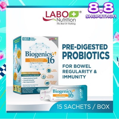 LABO NUTRITION Biogenics 16 Dietary Supplement Sachet (Predigested Probiotics For Digestive Balance, Immunity, Eczema, Ibs, Diarrhoea, Constipation, Improve Immune Health) 15s