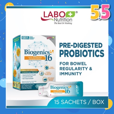 LABO NUTRITION Biogenics 16 Dietary Supplement Sachet (Predigested Probiotics For Digestive Balance, Immunity, Eczema, Ibs, Diarrhoea, Constipation, Improve Immune Health) 15s