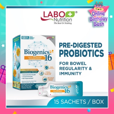 LABO NUTRITION Biogenics 16 Dietary Supplement Sachet (Predigested Probiotics For Digestive Balance, Immunity, Eczema, Ibs, Diarrhoea, Constipation, Improve Immune Health) 15s