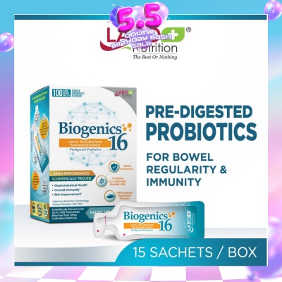 LABO NUTRITION - Biogenics 16 Dietary Supplement Sachet (Predigested Probiotics For Digestive Balance, Immunity, Eczema, Ibs, Diarrhoea, Constipation, Improve Immune Health) 15s