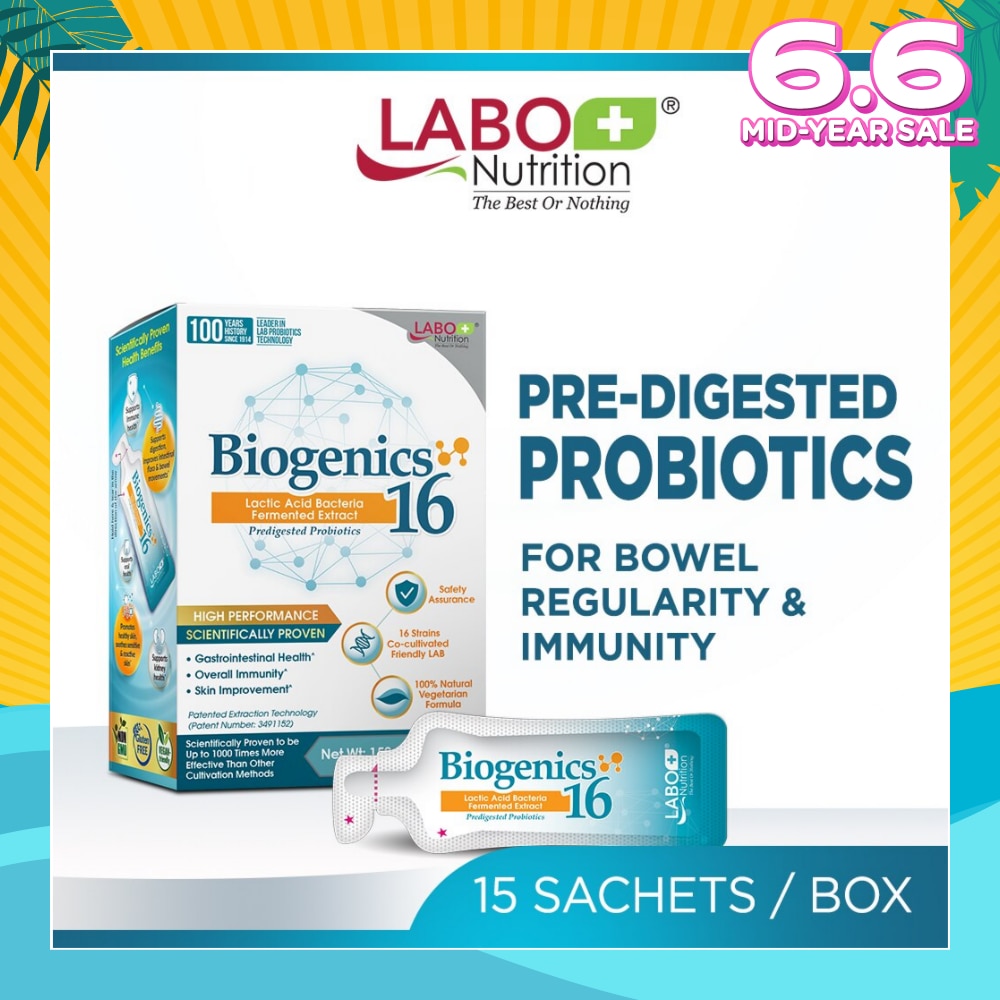 Biogenics 16 Dietary Supplement Sachet (Predigested Probiotics For Digestive Balance, Immunity, Eczema, Ibs, Diarrhoea, Constipation, Improve Immune Health) 15s