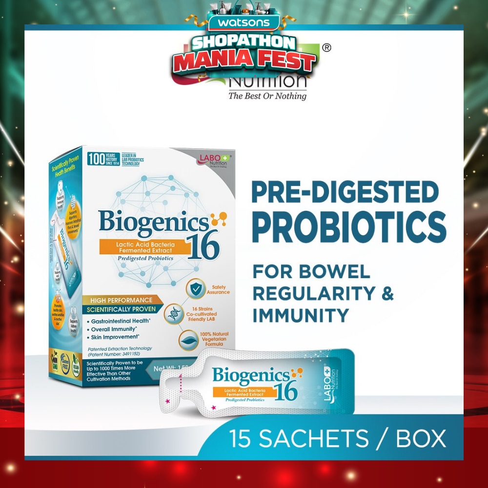 Biogenics 16 Dietary Supplement Sachet (Predigested Probiotics For Digestive Balance, Immunity, Eczema, Ibs, Diarrhoea, Constipation, Improve Immune Health) 15s