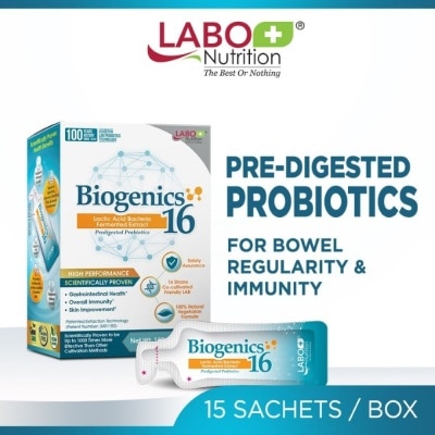 LABO NUTRITION - Biogenics 16 Predigested Probiotics Dietary Supplement Sachet (Digestive Balance, Immunity, Eczema, IBS, Diarrhoea, Constipation, Improve Immune Health) 15s image