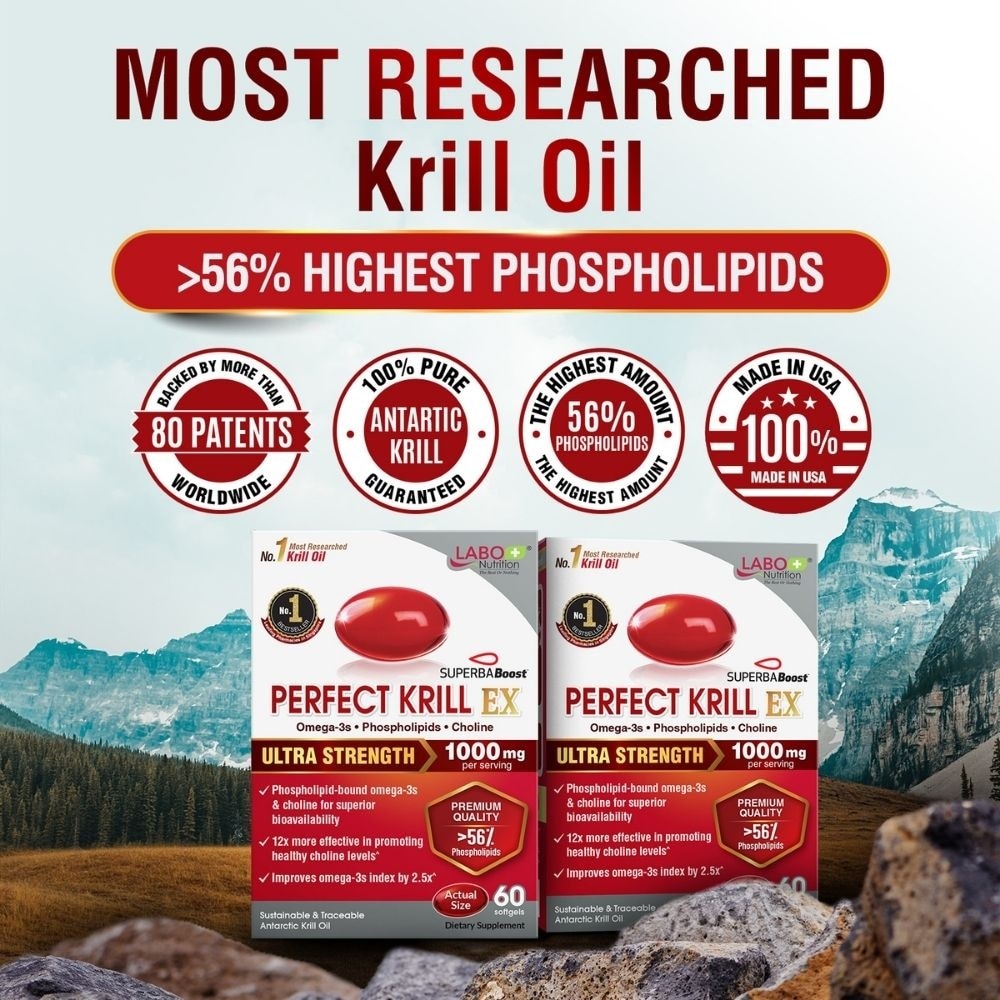 Perfect Krill EX Superba Boost Antarctic with Krill Oil Omega 3 & Phospholipids Softgel (Cholesterol, Heart, Brain, Joint Health) 60s