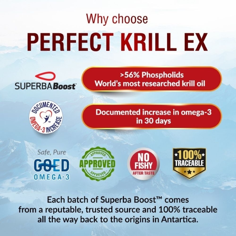 Perfect Krill EX Superba Boost Antarctic with Krill Oil Omega 3 & Phospholipids Softgel (Cholesterol, Heart, Brain, Joint Health) 60s