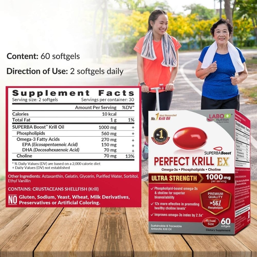 Perfect Krill EX Superba Boost Antarctic with Krill Oil Omega 3 & Phospholipids Softgel (Cholesterol, Heart, Brain, Joint Health) 60s
