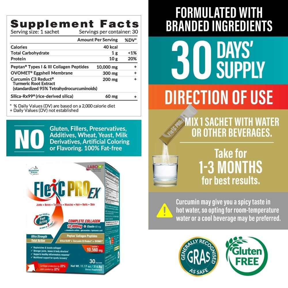 FlexC PRO EX With Peptan Collagen, Curcumin, Silica, & Eggshell Membrane Sachet (Joint, Bone & Body Support) 30s image