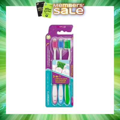 WATSONS - 3 in 1 Triple Action Toothbrush Soft (Remove Surface Stains + Massage Gums + Reduce Odour-Causing Bacteria) 3s (*Colours Issued at Random)