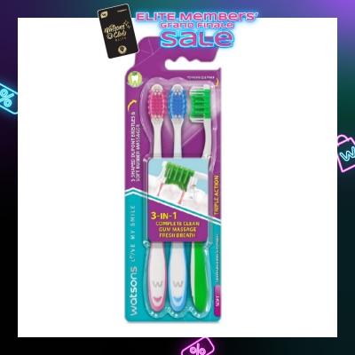 WATSONS 3 in 1 Triple Action Toothbrush Soft (Remove Surface Stains + Massage Gums + Reduce Odour-Causing Bacteria) 3s (*Colours Issued at Random)