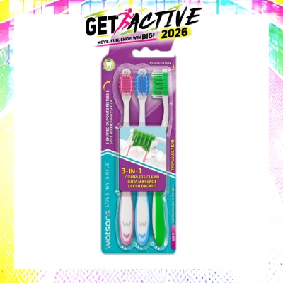 WATSONS - 3 in 1 Triple Action Toothbrush Soft (Remove Surface Stains + Massage Gums + Reduce Odour-Causing Bacteria) 3s (*Colours Issued at Random) image