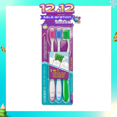 WATSONS 3 in 1 Triple Action Toothbrush Soft (Remove Surface Stains + Massage Gums + Reduce Odour-Causing Bacteria) 3s (*Colours Issued at Random)