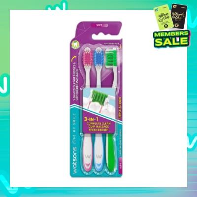 WATSONS 3 in 1 Triple Action Toothbrush Soft (Remove Surface Stains + Massage Gums + Reduce Odour-Causing Bacteria) 3s (*Colours Issued at Random)