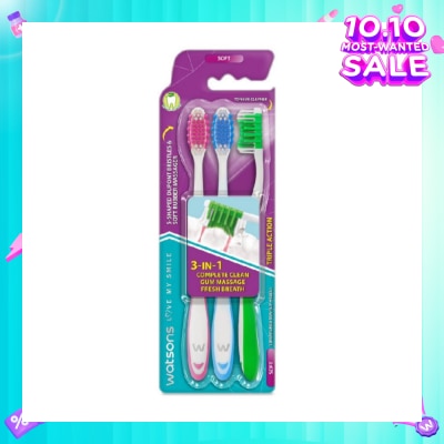 WATSONS 3 in 1 Triple Action Toothbrush Soft (Remove Surface Stains + Massage Gums + Reduce Odour-Causing Bacteria) 3s (*Colours Issued at Random)