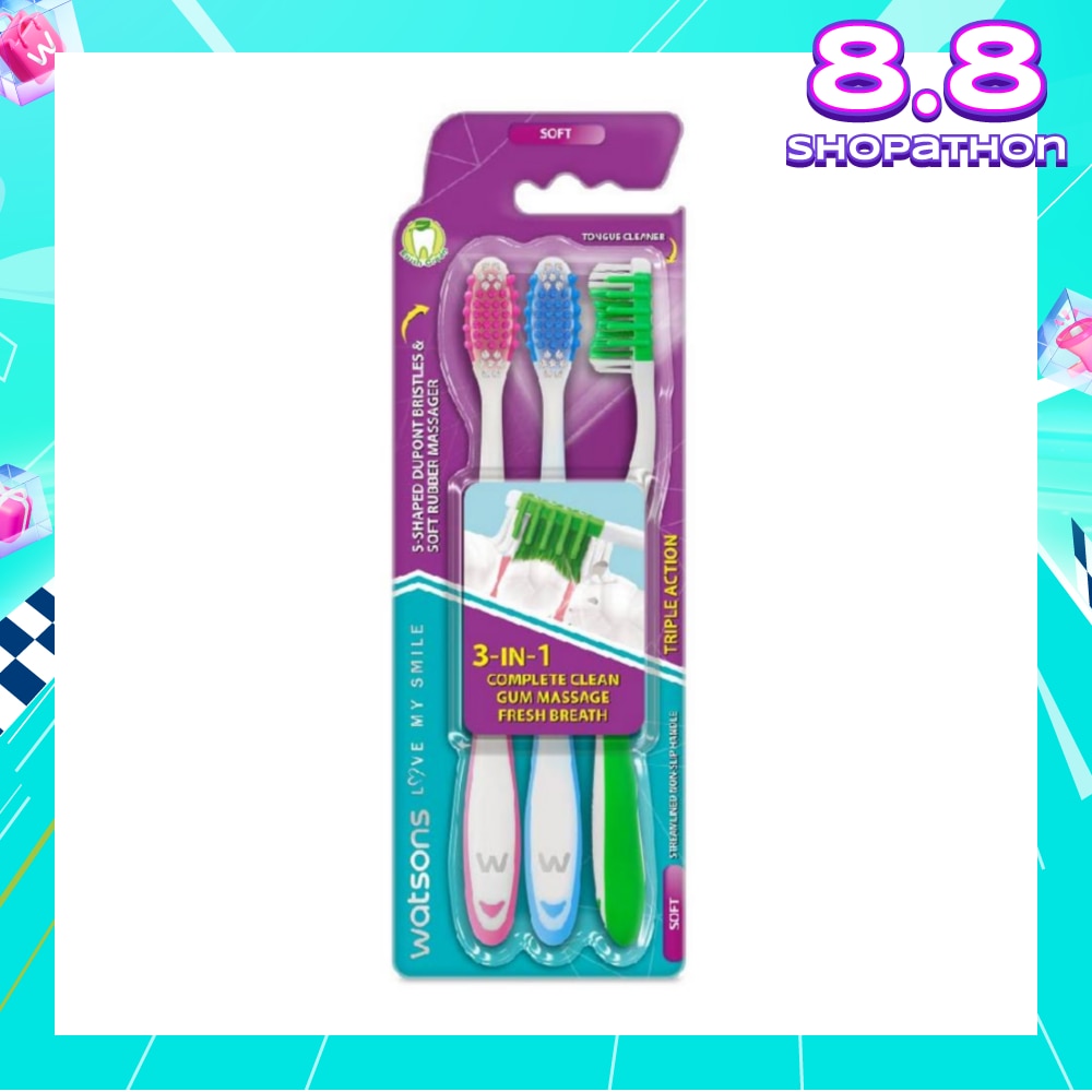 3 in 1 Triple Action Toothbrush Soft (Remove Surface Stains + Massage Gums + Reduce Odour-Causing Bacteria) 3s (*Colours Issued at Random)
