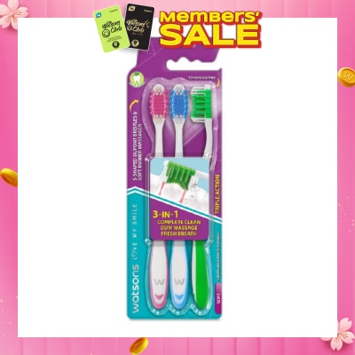 WATSONS 3 in 1 Triple Action Toothbrush Soft (Remove Surface Stains + Massage Gums + Reduce Odour-Causing Bacteria) 3s (*Colours Issued at Random)