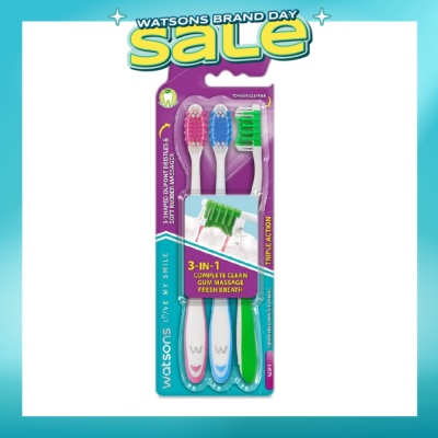 WATSONS - 3 in 1 Triple Action Toothbrush Soft (Remove Surface Stains + Massage Gums + Reduce Odour-Causing Bacteria) 3s (*Colours Issued at Random)