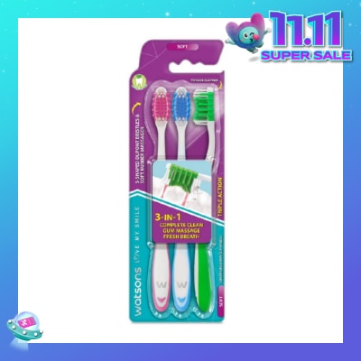WATSONS 3 in 1 Triple Action Toothbrush Soft (Remove Surface Stains + Massage Gums + Reduce Odour-Causing Bacteria) 3s (*Colours Issued at Random)