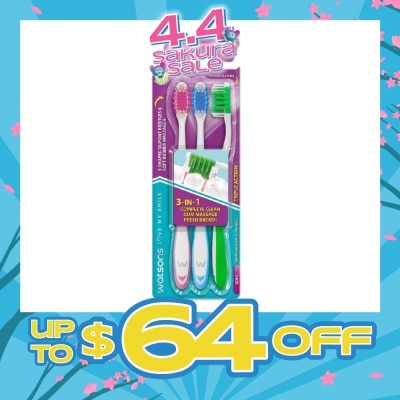 WATSONS - 3 in 1 Triple Action Toothbrush Soft (Remove Surface Stains + Massage Gums + Reduce Odour-Causing Bacteria) 3s (*Colours Issued at Random)