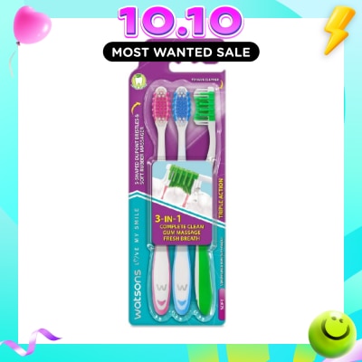 WATSONS 3 in 1 Triple Action Toothbrush Soft (Remove Surface Stains + Massage Gums + Reduce Odour Causing Bacteria) 3s (*Colours Issued at Random) image