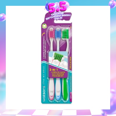 WATSONS - 3 in 1 Triple Action Toothbrush Soft (Remove Surface Stains + Massage Gums + Reduce Odour-Causing Bacteria) 3s (*Colours Issued at Random)
