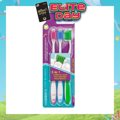 WATSONS - 3 in 1 Triple Action Toothbrush Soft (Remove Surface Stains + Massage Gums + Reduce Odour-Causing Bacteria) 3s (*Colours Issued at Random)
