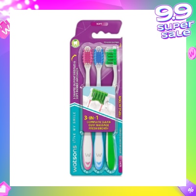 WATSONS 3 in 1 Triple Action Toothbrush Soft (Remove Surface Stains + Massage Gums + Reduce Odour-Causing Bacteria) 3s (*Colours Issued at Random)