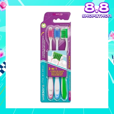 WATSONS 3 in 1 Triple Action Toothbrush Soft (Remove Surface Stains + Massage Gums + Reduce Odour-Causing Bacteria) 3s (*Colours Issued at Random)