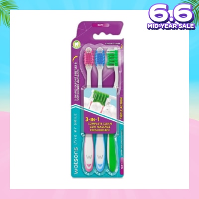 WATSONS 3 in 1 Triple Action Toothbrush Soft (Remove Surface Stains + Massage Gums + Reduce Odour-Causing Bacteria) 3s (*Colours Issued at Random)