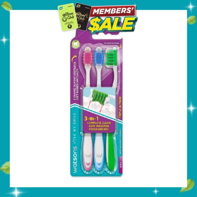 WATSONS 3 in 1 Triple Action Toothbrush Soft (Remove Surface Stains + Massage Gums + Reduce Odour Causing Bacteria) 3s (*Colours Issued at Random) image