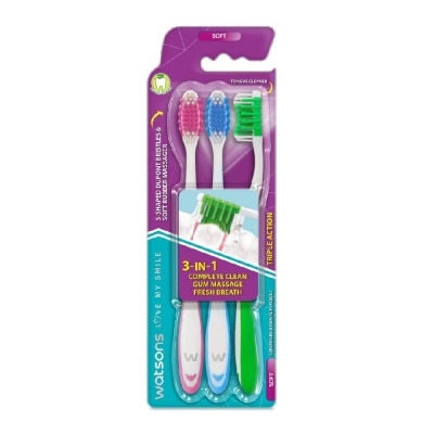 WATSONS 3 in 1 Triple Action Toothbrush Soft (Remove Surface Stains + Massage Gums + Reduce Odour-Causing Bacteria) 3s (*Colours Issued at Random)