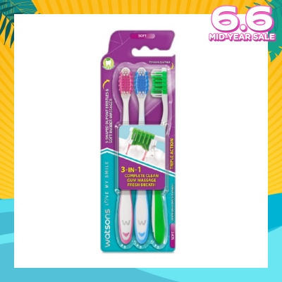 WATSONS 3 in 1 Triple Action Toothbrush Soft (Remove Surface Stains + Massage Gums + Reduce Odour-Causing Bacteria) 3s (*Colours Issued at Random)