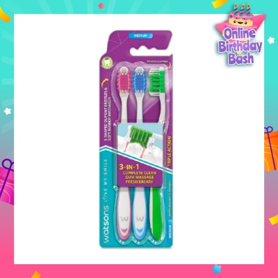 WATSONS 3 in 1 Triple Action Toothbrush Medium (Remove Surface Stains + Massage Gums + Reduce Odour-Causing Bacteria) 3s (*Colours Issued at Random)