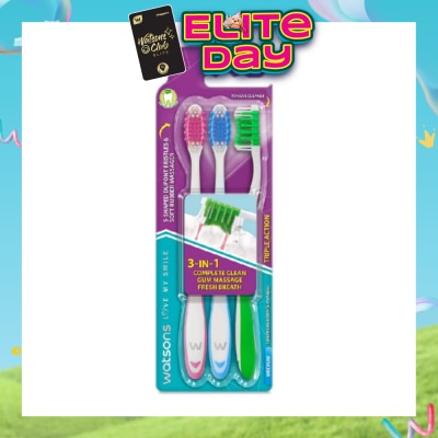 WATSONS - 3 in 1 Triple Action Toothbrush Medium (Remove Surface Stains + Massage Gums + Reduce Odour-Causing Bacteria) 3s (*Colours Issued at Random)
