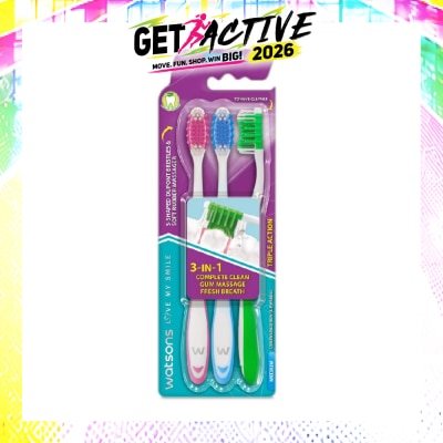 WATSONS - 3 in 1 Triple Action Toothbrush Medium (Remove Surface Stains + Massage Gums + Reduce Odour-Causing Bacteria) 3s (*Colours Issued at Random) image