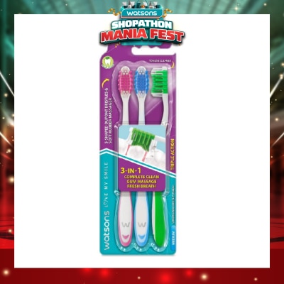 WATSONS - 3 in 1 Triple Action Toothbrush Medium (Remove Surface Stains + Massage Gums + Reduce Odour-Causing Bacteria) 3s (*Colours Issued at Random)