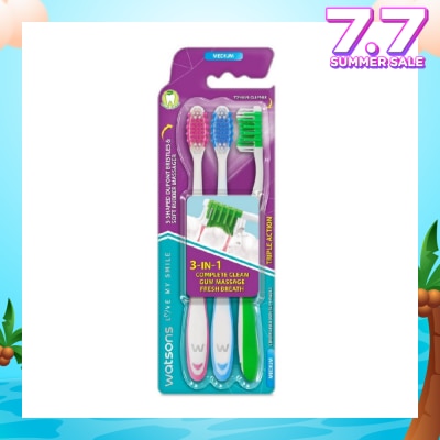 WATSONS 3 in 1 Triple Action Toothbrush Medium (Remove Surface Stains + Massage Gums + Reduce Odour-Causing Bacteria) 3s (*Colours Issued at Random)