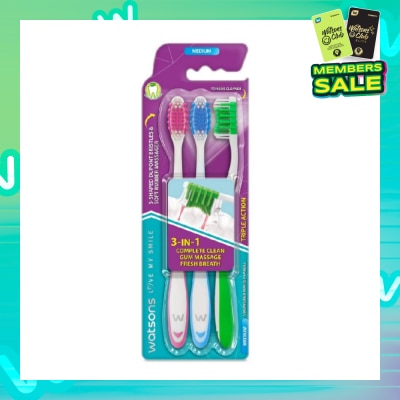 WATSONS 3 in 1 Triple Action Toothbrush Medium (Remove Surface Stains + Massage Gums + Reduce Odour-Causing Bacteria) 3s (*Colours Issued at Random)