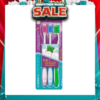 WATSONS - 3 in 1 Triple Action Toothbrush Medium (Remove Surface Stains + Massage Gums + Reduce Odour-Causing Bacteria) 3s (*Colours Issued at Random)