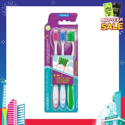 WATSONS 3 in 1 Triple Action Toothbrush Medium (Remove Surface Stains + Massage Gums + Reduce Odour-Causing Bacteria) 3s (*Colours Issued at Random)