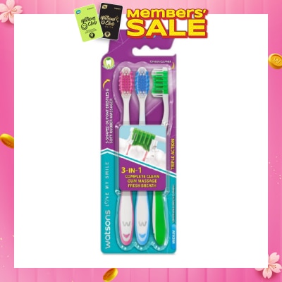 WATSONS 3 in 1 Triple Action Toothbrush Medium (Remove Surface Stains + Massage Gums + Reduce Odour-Causing Bacteria) 3s (*Colours Issued at Random)