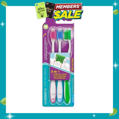 WATSONS 3 in 1 Triple Action Toothbrush Medium (Remove Surface Stains + Massage Gums + Reduce Odour Causing Bacteria) 3s (*Colours Issued at Random) image